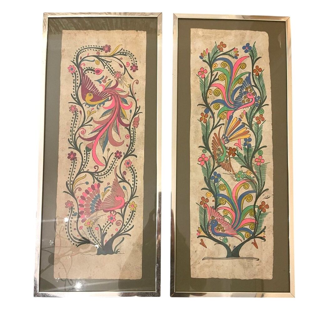 VTG Set of Hand Painted Mexican Amate Folk Art Wall Decor Birds Floral Ethnic